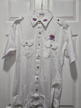 STP Racing Team Shirt Men's Med Button Up Sports Apparel Collar Pockets White
